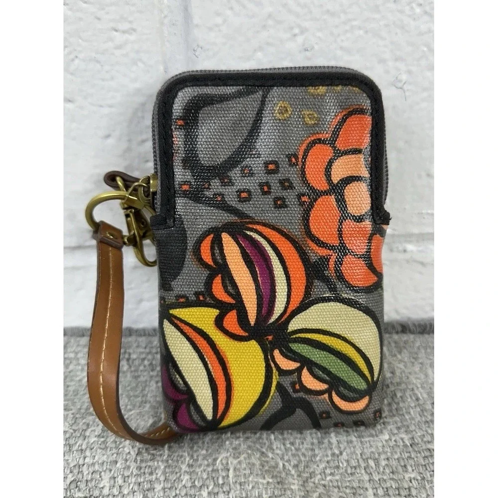FOSSIL Keyper Carry All Orange Floral Coated Canvas Wristlet Small‎ Wallet